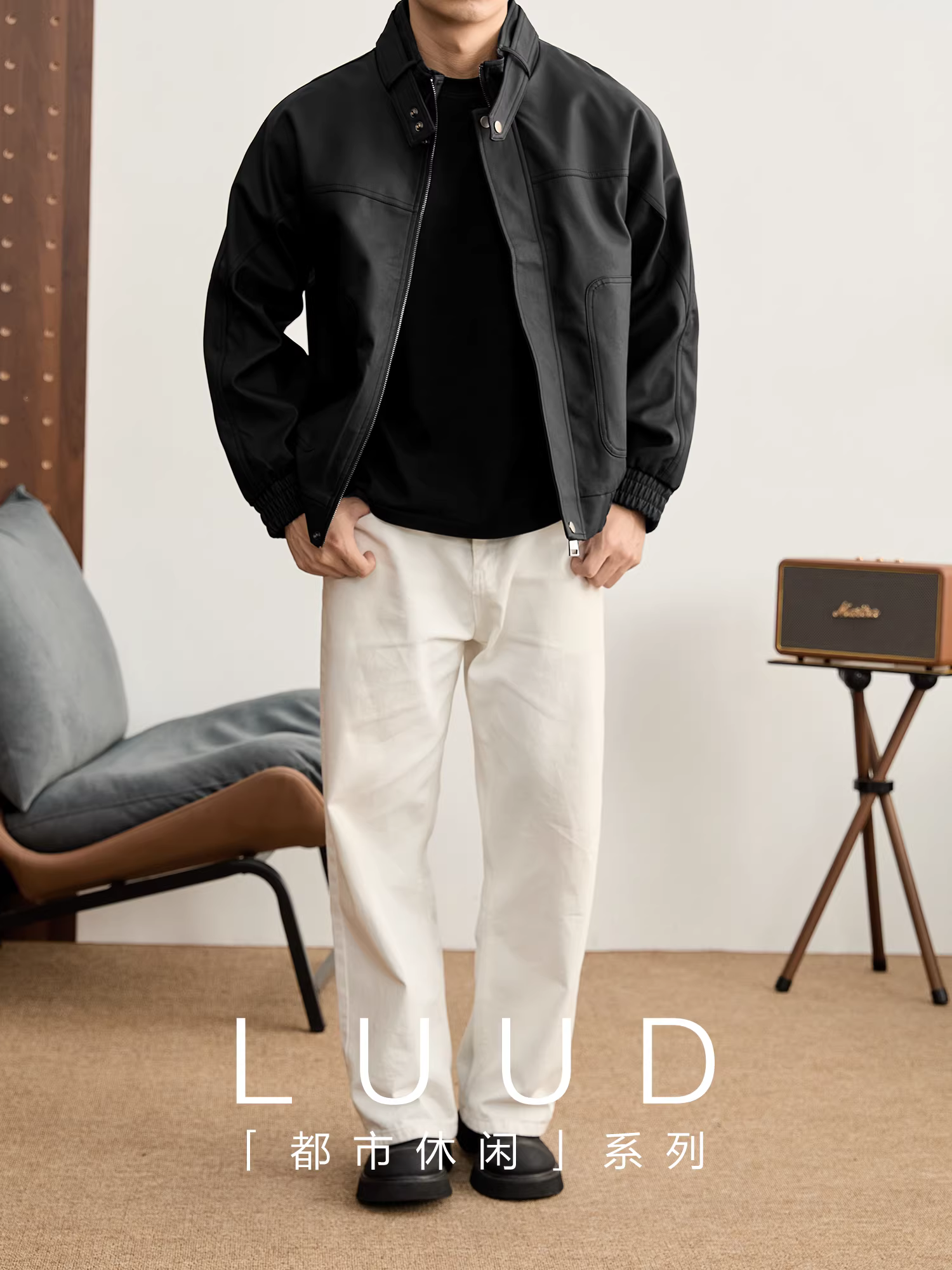 Áo khoác da PU thiết kế phân đoạn kiểu dáng cổ buộc LUUD dành cho nam mùa đông, chất liệu da mờ, màu tối