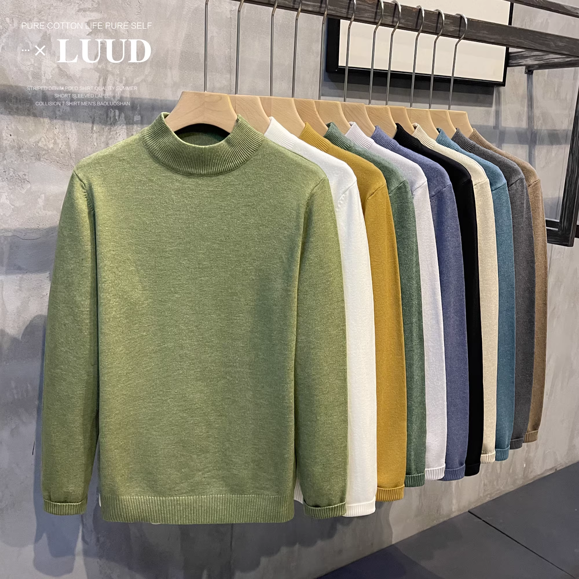 Áo len nam cổ lọ nửa cao LUUD 2025 thu/đông, chất liệu lông cừu ấm áp, màu trơn, đa năng, tay dài