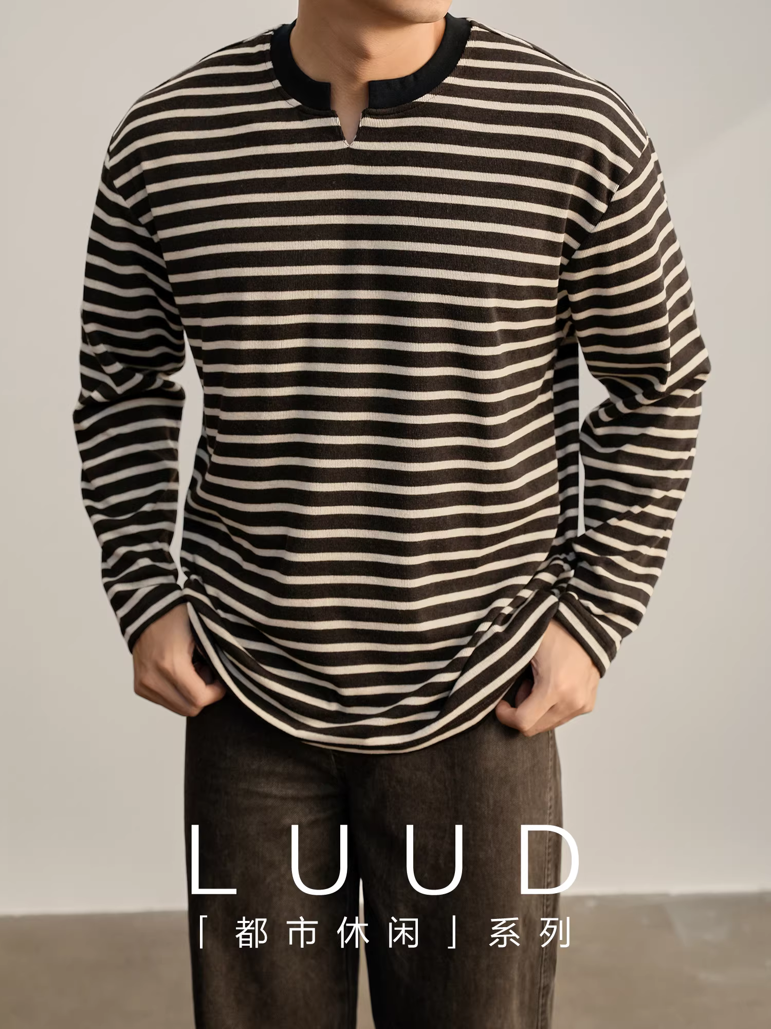 Áo thun nam LUUD heavyweight 280g cổ V nhỏ, phối màu vintage, sọc, tay dài, dáng rộng, chất liệu dệt kim, kiểu dáng thoải mái.