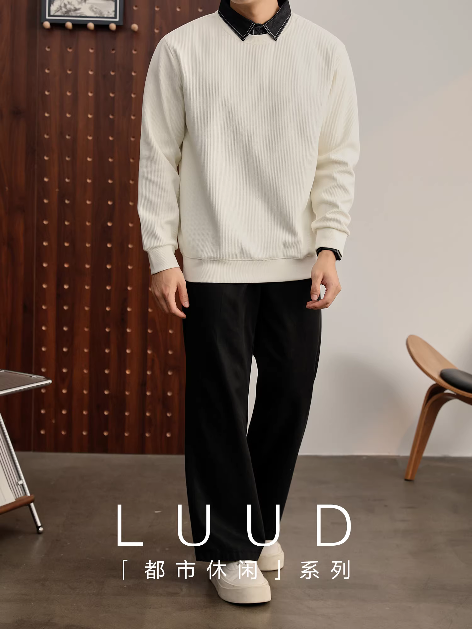 Áo khoác denim giả hai mảnh kiểu dáng trưởng thành LUUD, có đường may lộ, cổ áo kiểu áo khoác, dành cho nam, chất liệu dệt kim họa tiết tổ ong, tay dài