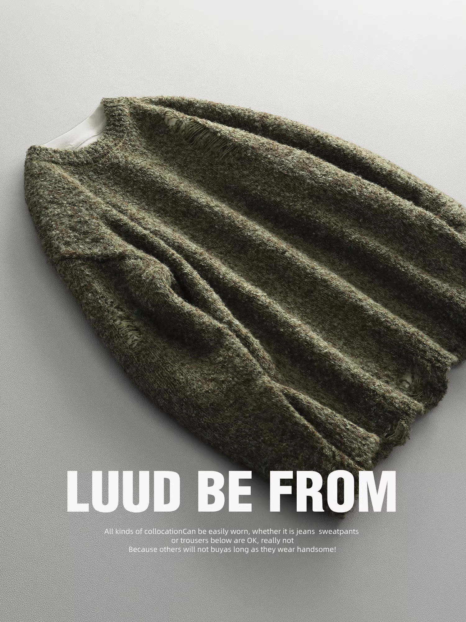 Áo len nam tay dài phong cách đường phố LUUD, thiết kế rách cá tính, cổ tròn, chất liệu len cừu, áo len lông cừu