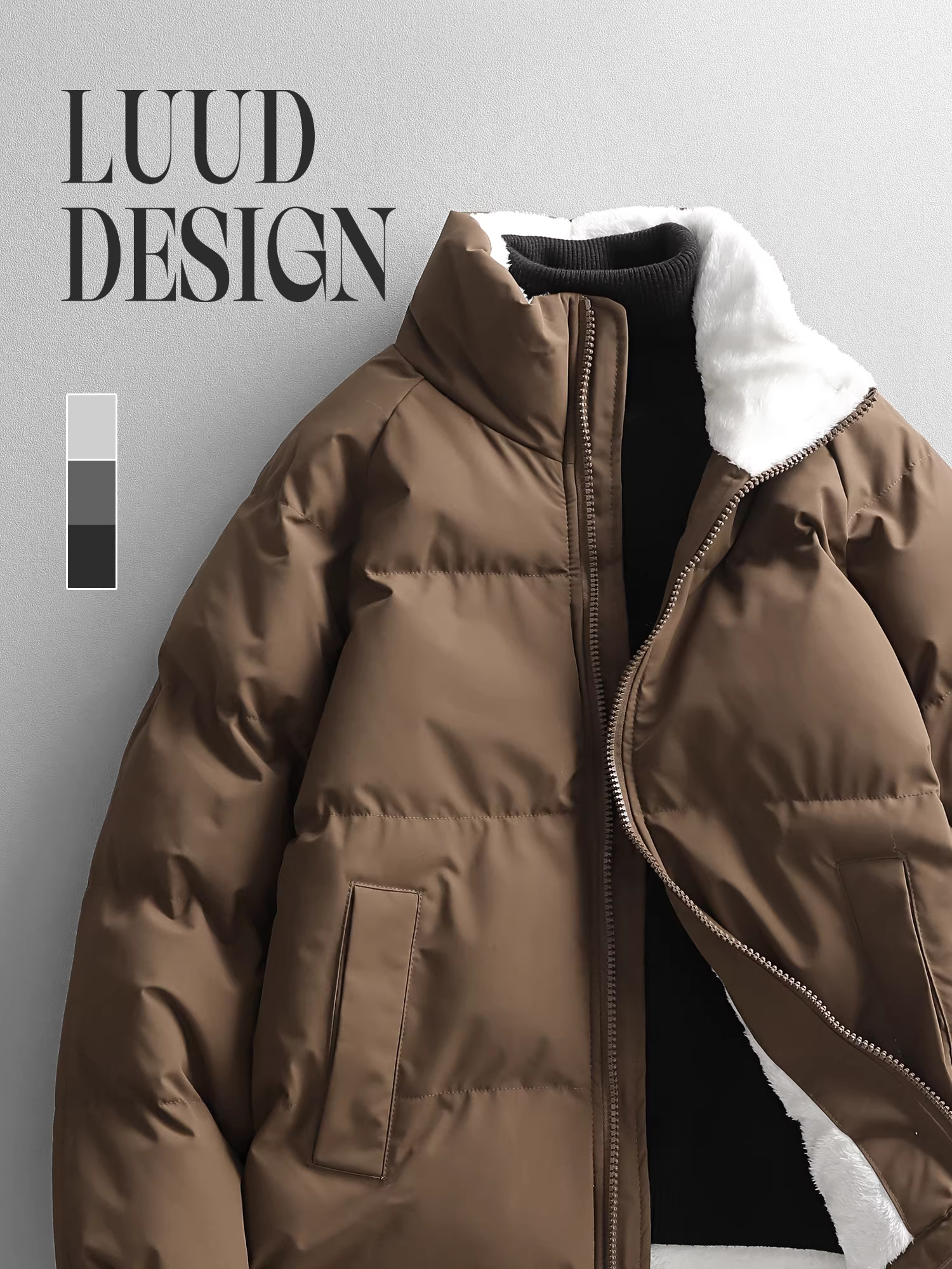 Áo khoác cotton chenille màu trơn hợp thời trang LUUD dành cho nam, áo khoác ngắn chống thấm nước bốn cấp độ cổ đứng lông cừu mùa đông