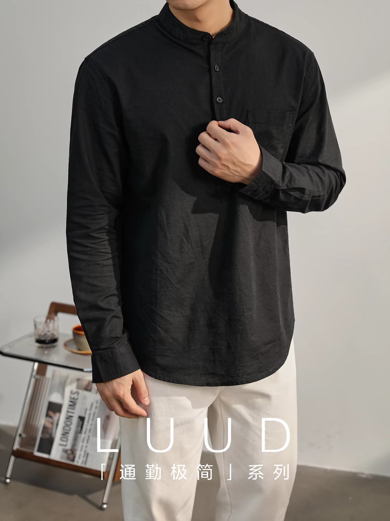 Ưu đãi đặc biệt: Áo sơ mi dài tay kiểu cổ điển Trung Quốc mới dành cho nam, cổ nửa mở, áo sơ mi cotton-linen rộng rãi, áo kiểu đơn giản không khuy.