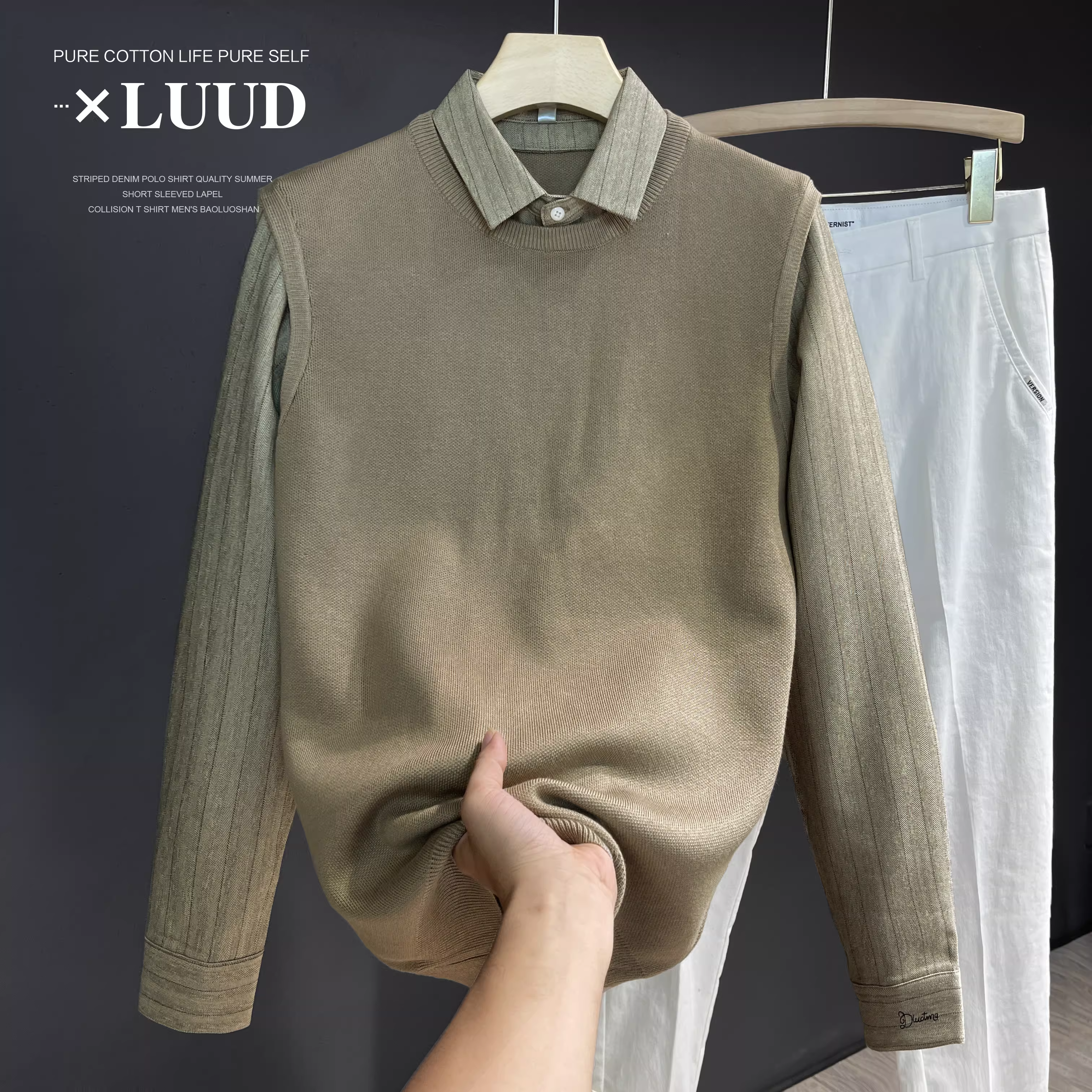 Áo len hai mảnh cổ điển sang trọng LUUD mang lại cảm giác cao cấp, áo sơ mi dệt kim phối màu phong cách quý ông với cổ áo lật, áo khoác nỉ dành cho nam.