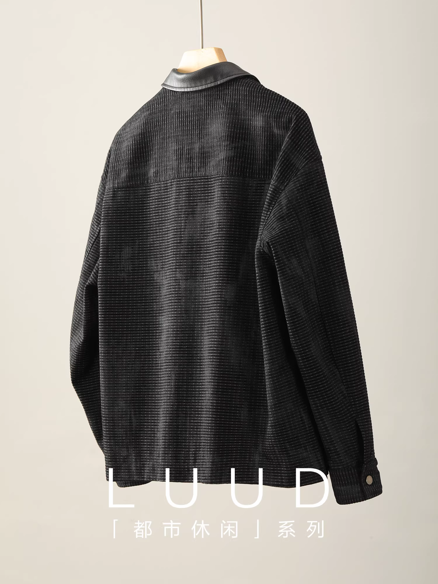 Áo khoác nam mùa đông chất liệu da PU phối vải jacquard sọc LUUD, nhiều túi, cổ áo da, kiểu dáng đa năng