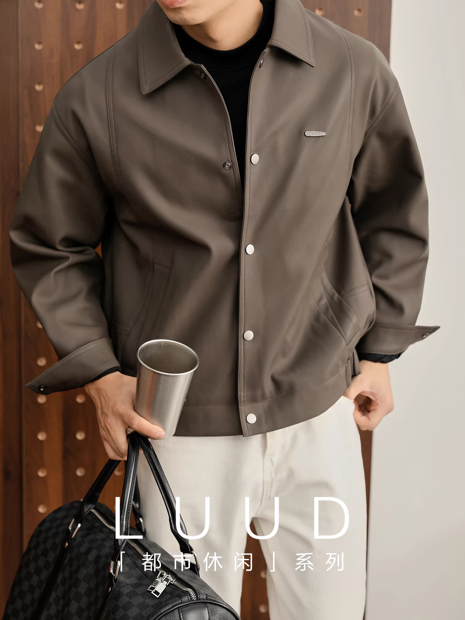 Ưu đãi đặc biệt: Áo khoác nam kiểu dáng lịch lãm bằng da PU, màu Melard, chống gió, giữ ấm, có điểm nhấn bằng kim loại.