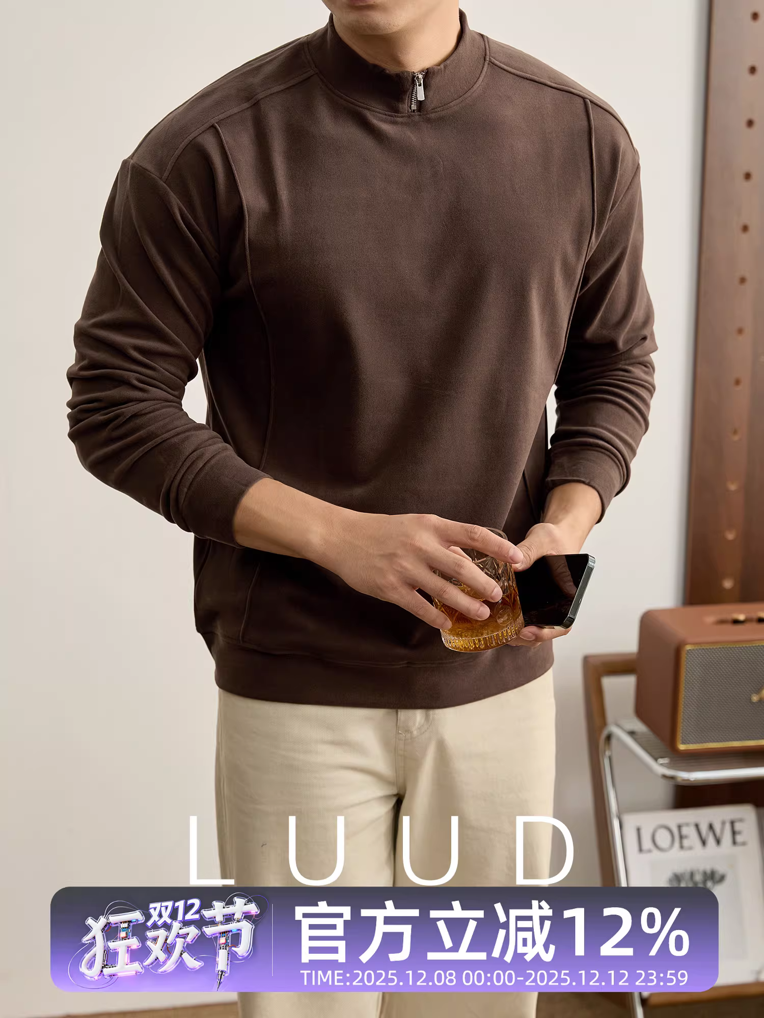 Áo thun nam dài tay phong cách cổ điển LUUD retro mùa thu đông phối màu nửa khóa kéo cổ đứng áo thun