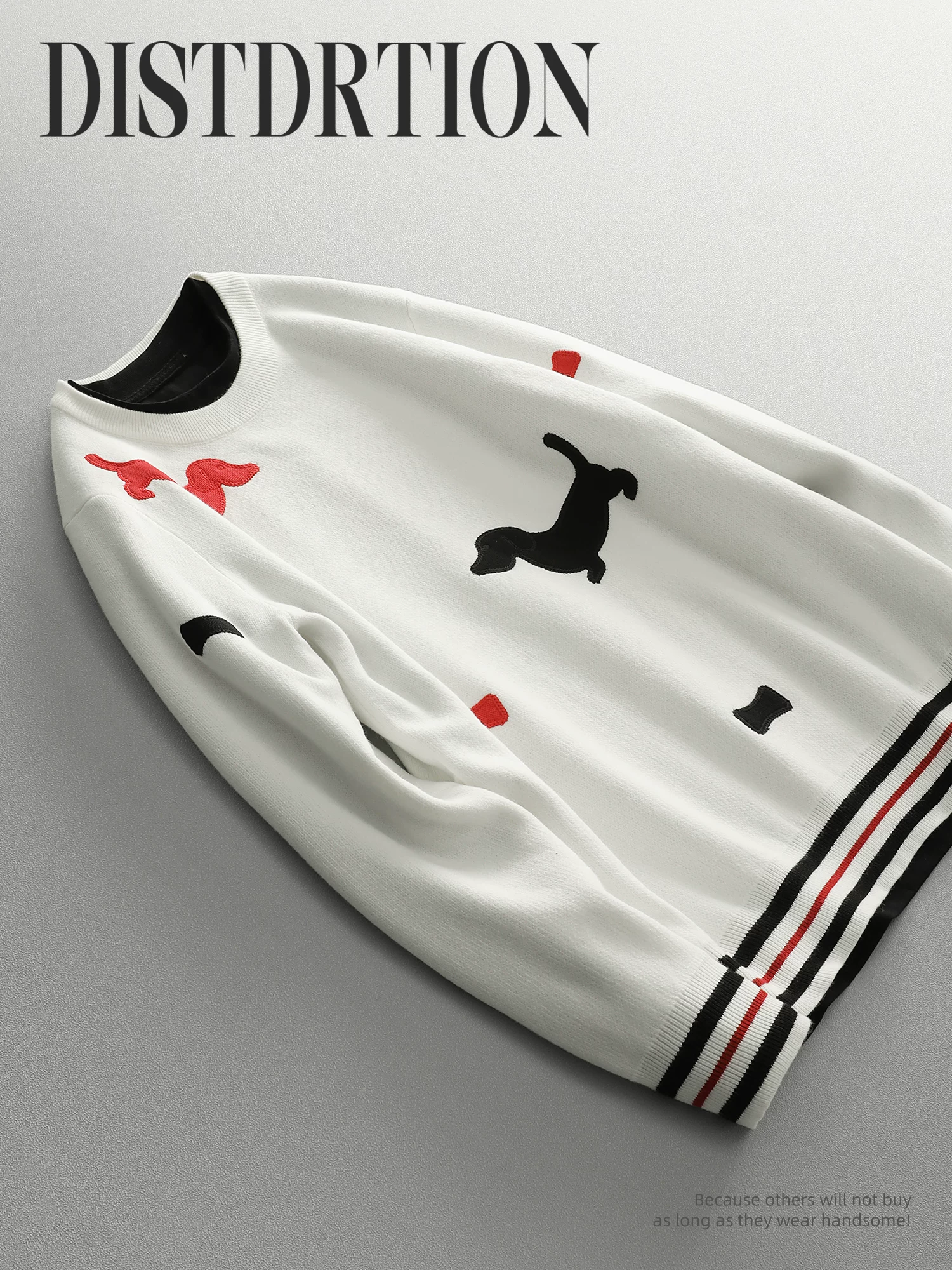 Ưu đãi đặc biệt: Áo len dệt kim thêu hình chó, phối màu bốn sọc thời thượng và năng động, được làm từ sợi modal core-spun, kiểu dáng ôm sát.