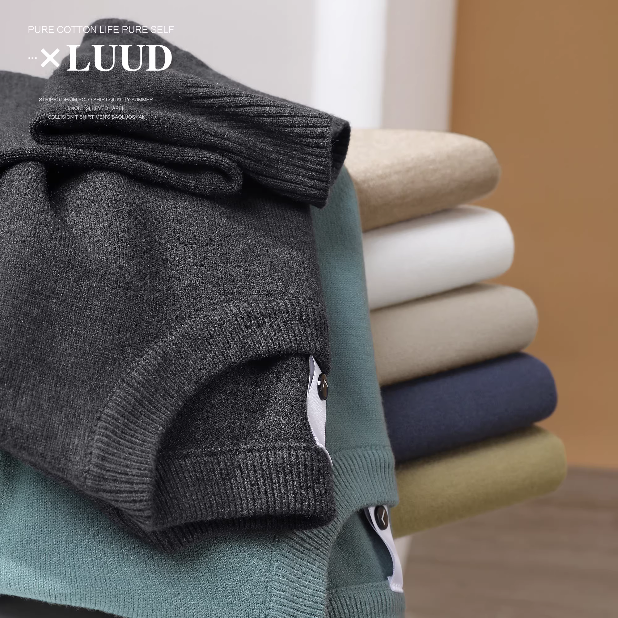 Áo len cổ tròn màu trơn LUUD mùa thu đông dành cho nam, áo dệt kim đa năng ấm áp, áo thun đơn giản mặc trong