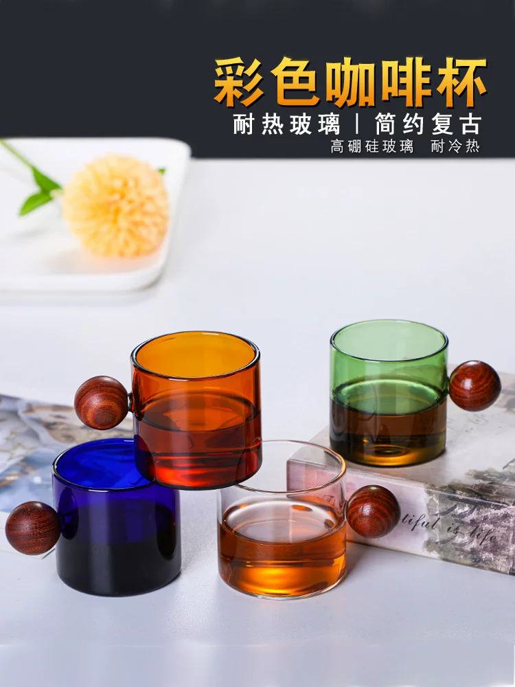 Gỗ đàn hương tay cầm tròn cốc thủy tinh cốc espresso đầy màu sắc dung tích nhỏ cốc trà kung fu cốc rượu 120ml