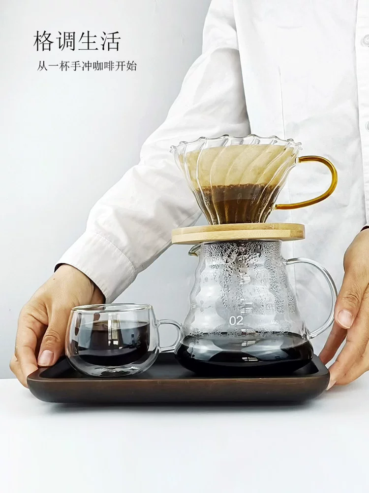 Bộ pha cà phê thủ công bằng tay, bộ lọc nhỏ giọt, cốc v60, kính, gỗ đặc, cốc pha dày, bình chia sẻ cà phê dùng cho gia đình