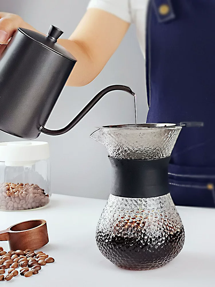 Bộ ấm chia cà phê bằng thủy tinh chịu nhiệt cao, kết hợp thủ công, bề mặt có vân, kèm bộ lọc bằng thép không gỉ và cốc lọc, không cần giấy lọc.