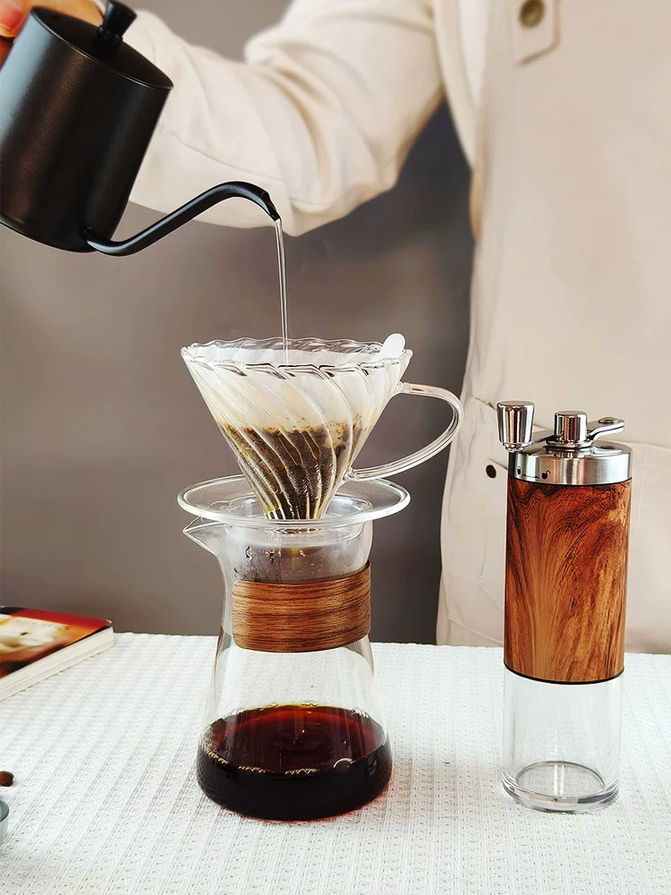 Bộ ấm pha cà phê thủ công cổ điển, ấm chia sẻ bằng gỗ, cốc chia sẻ bằng thủy tinh borosilicate cao cấp, cốc lọc tích hợp, dụng cụ pha cà phê thủ công