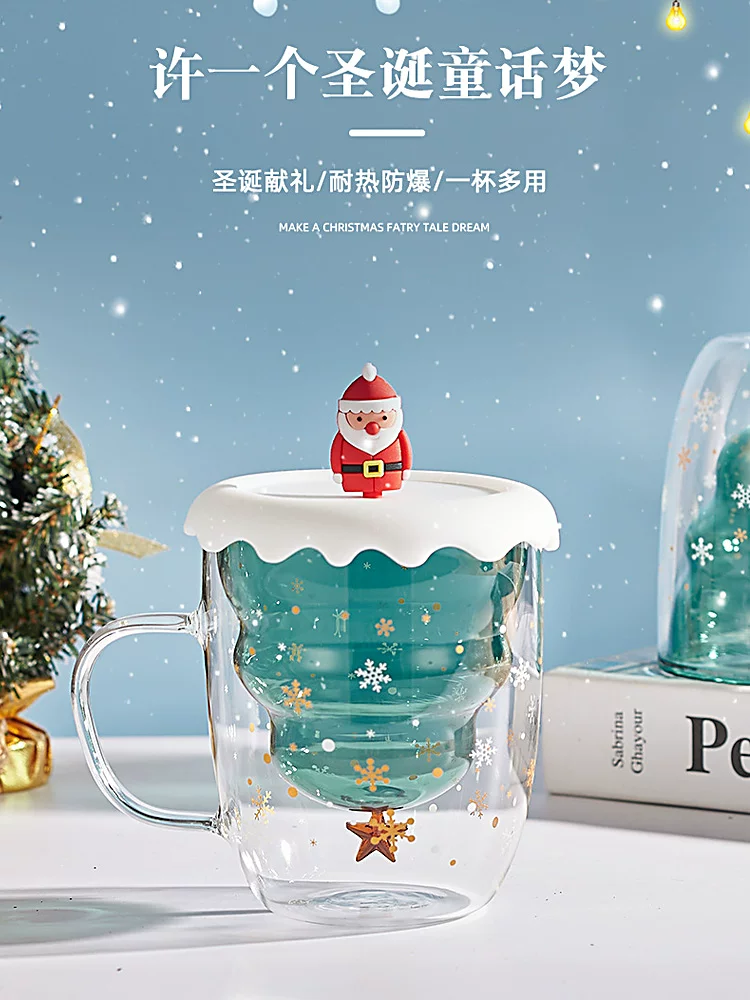 Cốc chúc mừng Giáng sinh, cốc thủy tinh hình cây thông Noel có tay cầm, quà tặng Giáng sinh, cốc nước chịu nhiệt có nắp, quà tặng sáng tạo