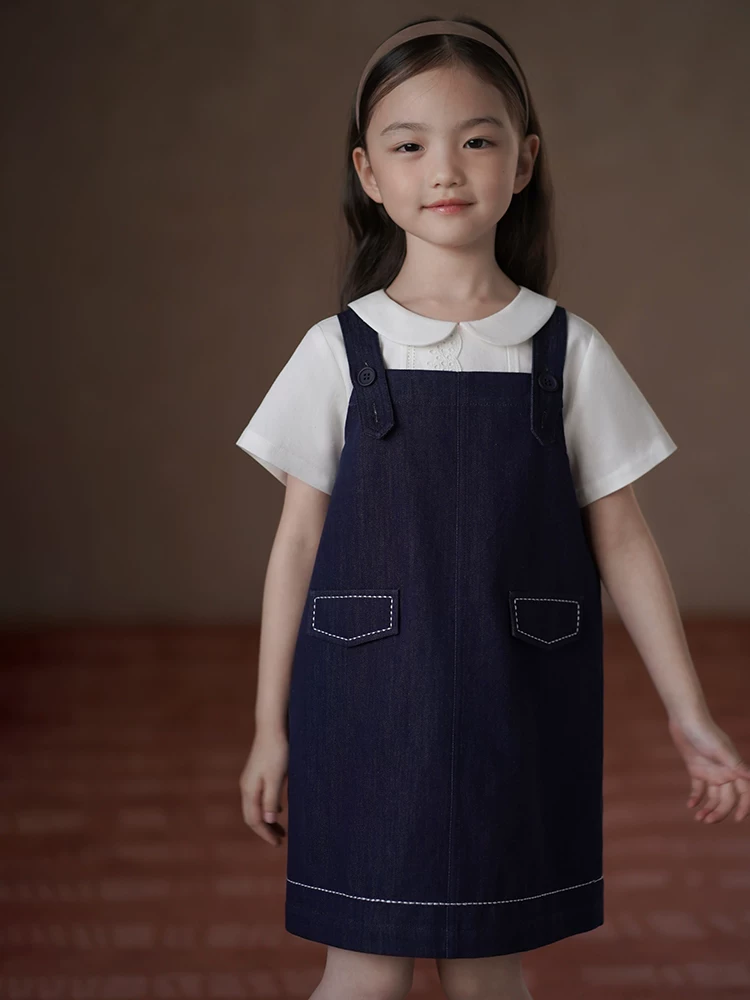 Quần áo trẻ em Hazi Váy trẻ em mùa hè Váy denim đơn giản phong cách Nhật Bản dành cho bé gái Váy denim cổ điển giản dị dành cho trẻ lớn hơn