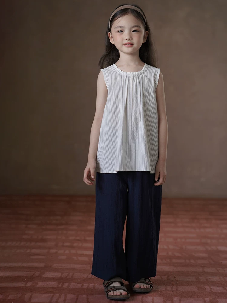 Quần áo trẻ em mùa hè Áo ba lỗ sọc phong cách Hàn Quốc cho bé gái Áo sơ mi không tay Áo lót bé gái cotton nguyên chất thân thiện với làn da