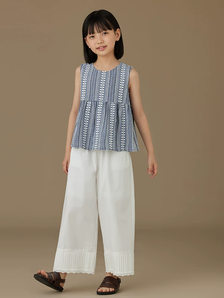 Quần trắng thường ngày cho trẻ em có lưng thun và viền ren ở bo tay, quần ống rộng thời trang cho bé gái, chất liệu mỏng cho mùa xuân và mùa hè.