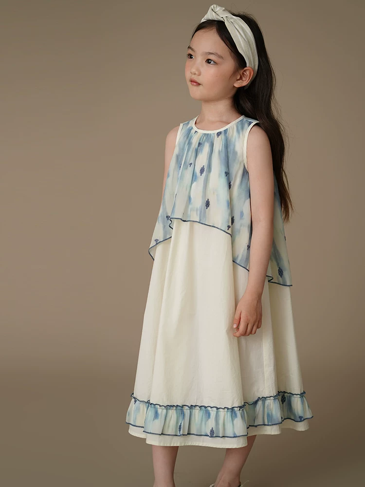 Váy vest mỏng mùa hè dành cho trẻ em với thiết kế giả hai mảnh, váy dài kiểu Trung Hoa như cổ tích dành cho bé gái.