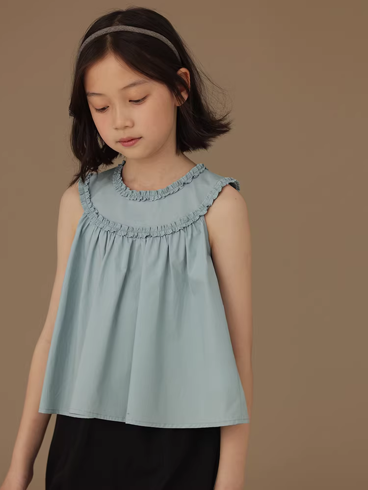 Áo vest cotton ren màu xanh nhạt cho bé gái Ha Chi, thiết kế dễ thương, áo không tay cho bé gái mùa hè