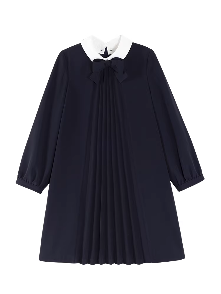 Váy liền thân dài tay phong cách học sinh màu xanh hải quân cho bé gái Hazi Children's Clothing Xuân Thu 2025, kiểu công chúa dễ thương với nơ