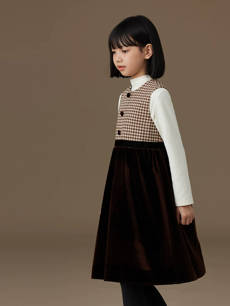 Quần áo trẻ em Hazi Váy trẻ em mùa thu đông Váy nhung cổ điển Houndstooth Váy chắp vá Quần áo mùa đông cho bé gái Phong cách mới
