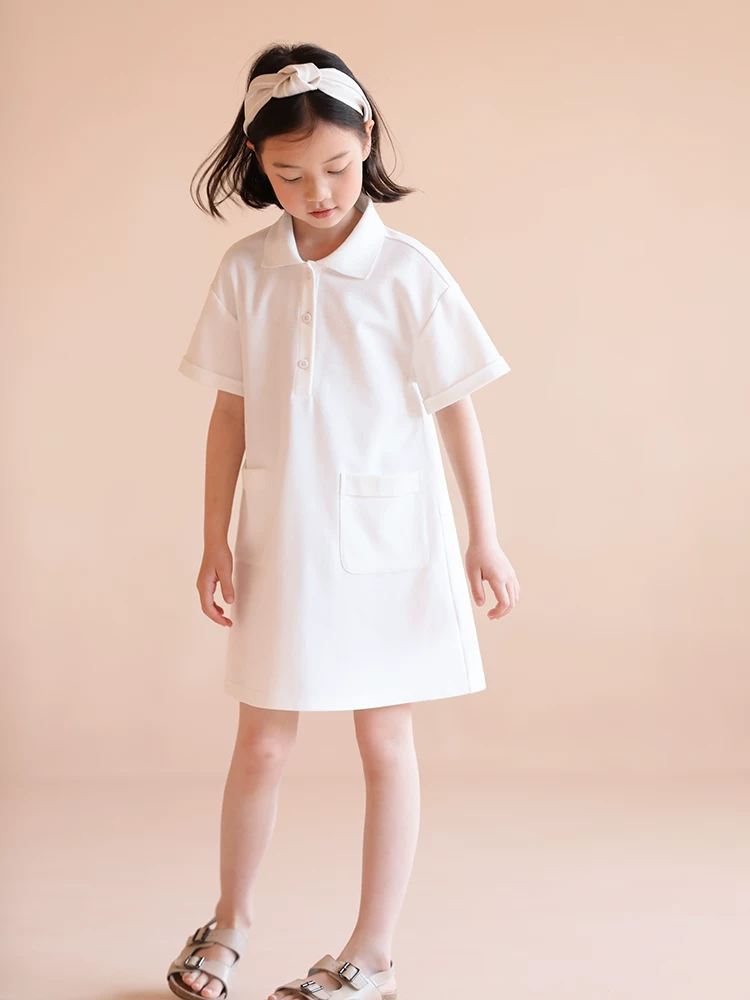 Váy POLO mùa hè cho bé gái, phong cách preppy, váy mùa hè ngắn tay có cổ, váy thẳng có túi lớn cho trẻ em