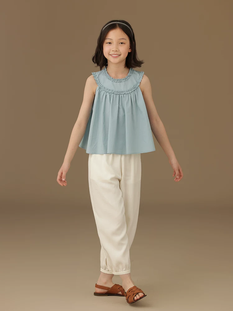 Áo vest cotton ren màu xanh nhạt cho bé gái Ha Chi, thiết kế dễ thương, áo không tay cho bé gái mùa hè