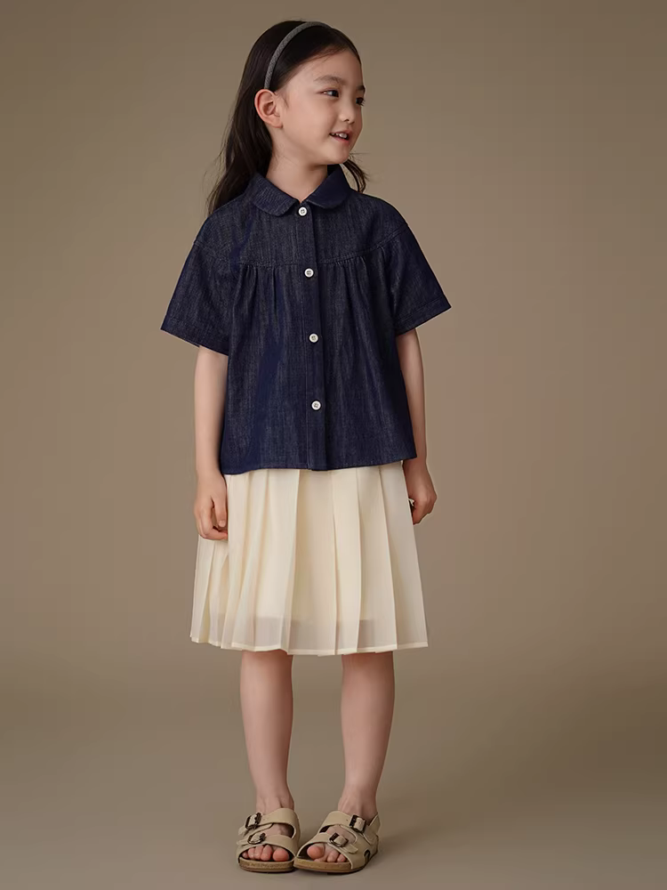 Quần áo trẻ em Hazi Áo sơ mi denim mùa hè cho trẻ em hoàn toàn bằng cotton phong cách Hàn Quốc Áo ngắn tay rộng rãi cho bé gái Áo mùa hè cho bé gái phong cách mới