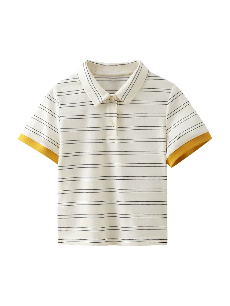 Áo dệt kim trẻ em mùa hè áo sơ mi polo sọc mỏng bé trai bé gái áo thun ngắn tay phong cách Hàn Quốc dáng rộng vừa vặn