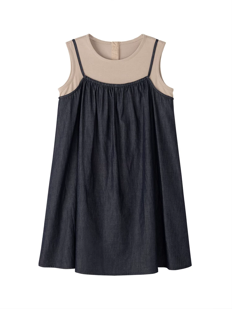Quần áo trẻ em váy vest mùa hè váy denim cotton mỏng váy bé gái váy giả hai mảnh cho bé gái