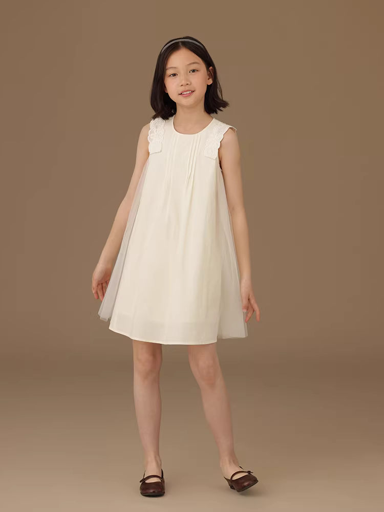 Quần áo trẻ em Hazi Váy không tay màu trắng nhạt như cổ tích dành cho bé gái, chất liệu cotton nguyên chất, thoải mái và thoáng khí, váy ba lỗ cho bé gái, váy gạc cho mùa hè.