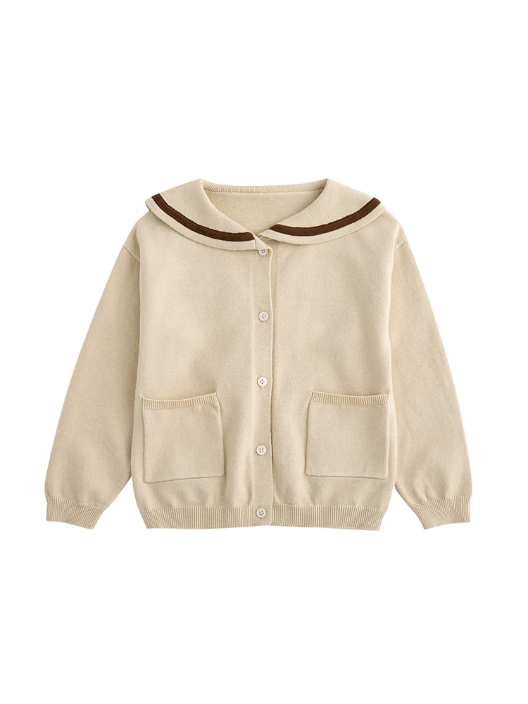 Áo khoác cardigan len cotton phối màu cổ thủy thủ phong cách preppy cho bé gái mùa xuân thu