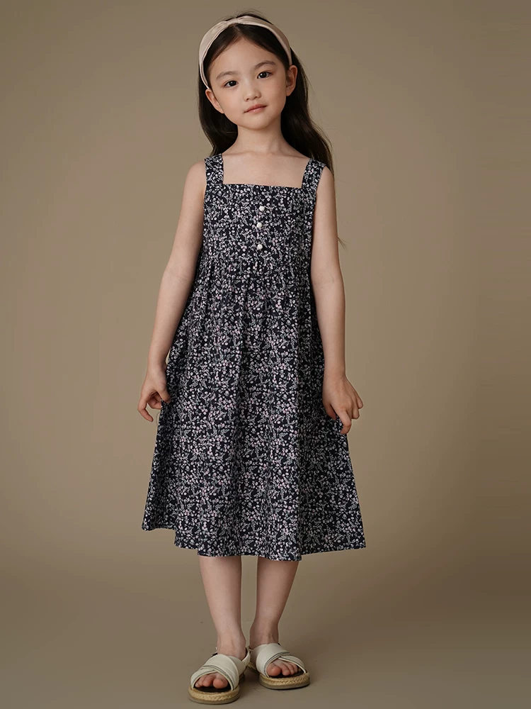 Váy hoa mùa hè cho trẻ em, váy cotton kiểu nông thôn đi nghỉ mát, váy mỏng dài vừa phải cho bé gái