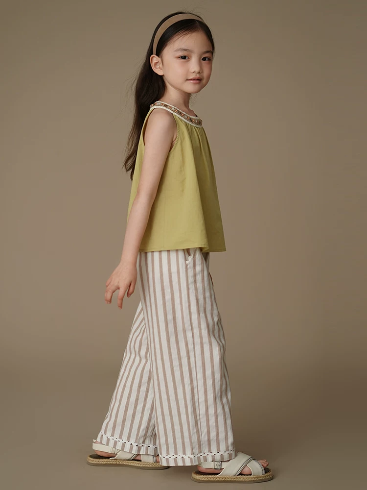Quần sọc mỏng mùa hè cho bé gái, quần ống rộng dáng suông, quần chống muỗi cho trẻ em, cotton thân thiện với da.