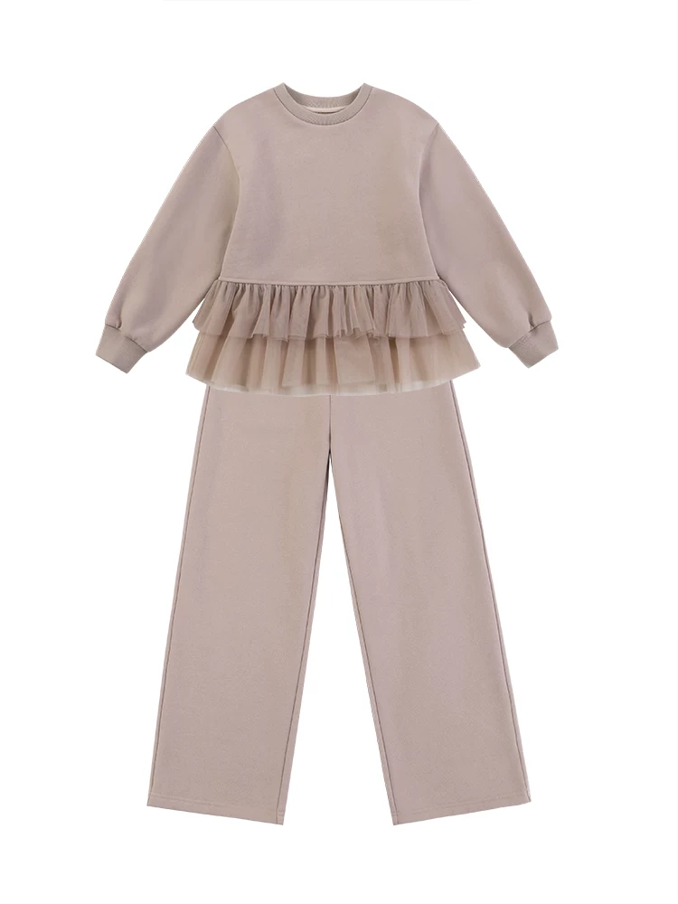 Bộ quần áo thu đông cho bé gái, chất liệu cotton 100%, kiểu phối lưới dễ thương, áo kiểu patchwork, quần dài, áo nỉ dày dặn.