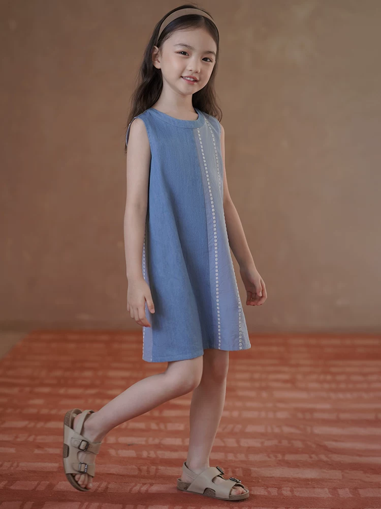 Quần áo trẻ em Hazi Mùa hè Mặc 25 mẫu mới Váy kiểu cổ điển Váy denim cho bé gái Váy denim phối màu dài trung bình cho bé gái