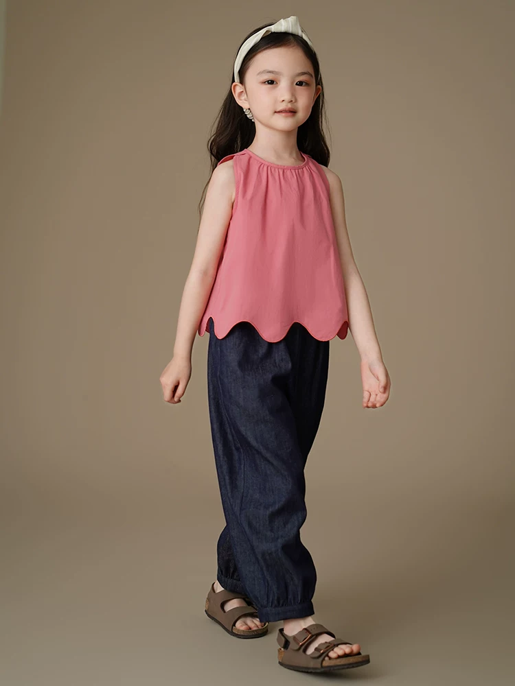 Quần áo trẻ em phong cách Hàn Quốc áo vest cotton màu hồng hồng áo sơ mi không tay cho bé gái mùa hè phong cách mới dành cho trẻ lớn hơn