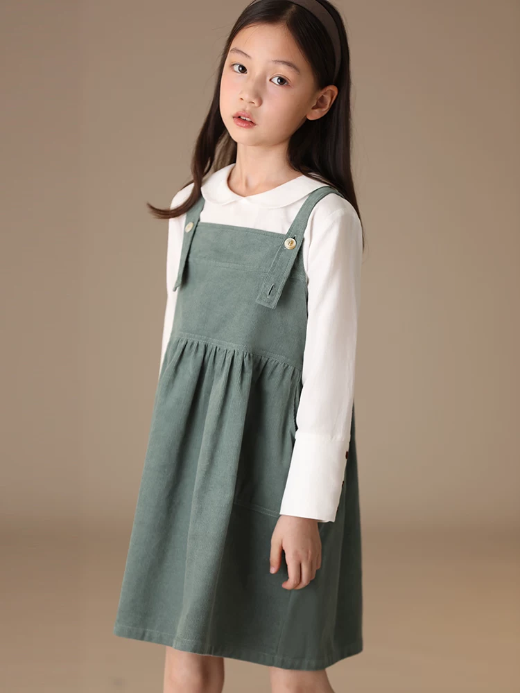 Quần áo trẻ em Ha Chi Thu Đông Mới Về Chất liệu cotton chải kỹ cao cấp Vải nhung kẻ kiểu dáng cha mẹ và con gái Váy yếm màu trơn giản dị cho bé gái