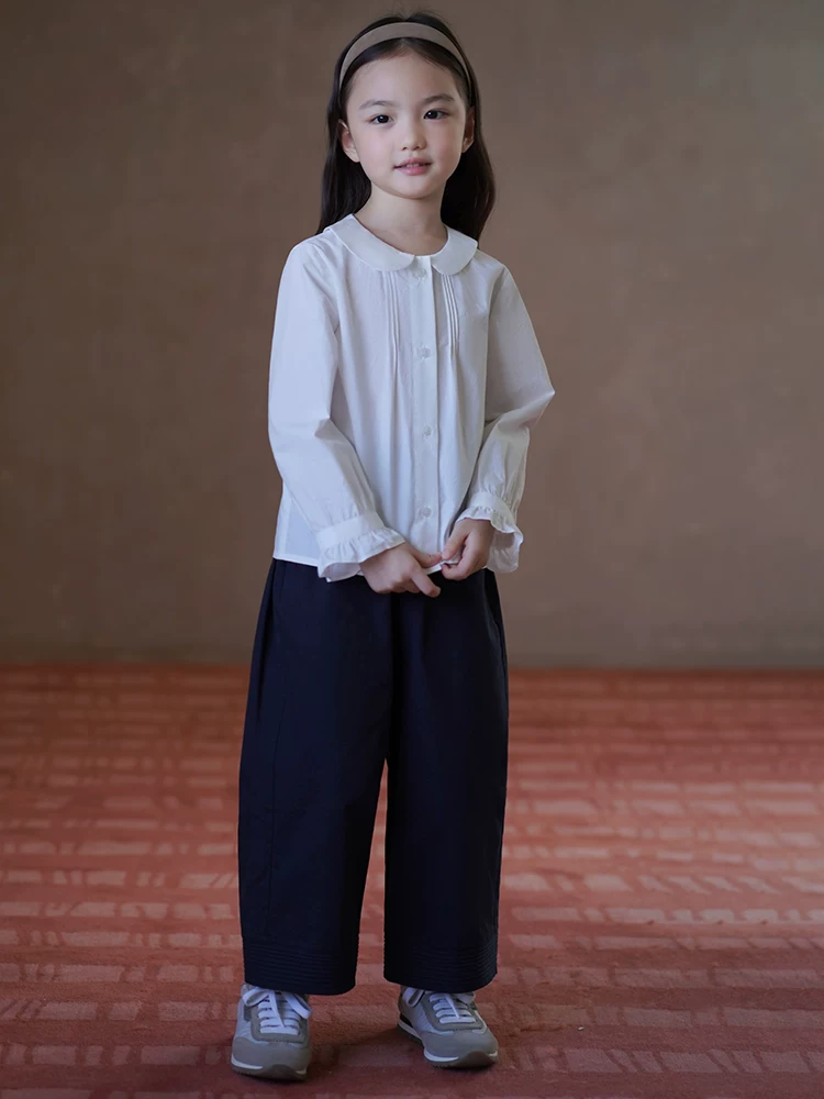 Quần áo trẻ em mùa xuân thu quần âu màu xanh hải quân cho bé gái quần ống đứng đơn giản rộng rãi quần dài đa năng trang phục mùa thu cho bé gái