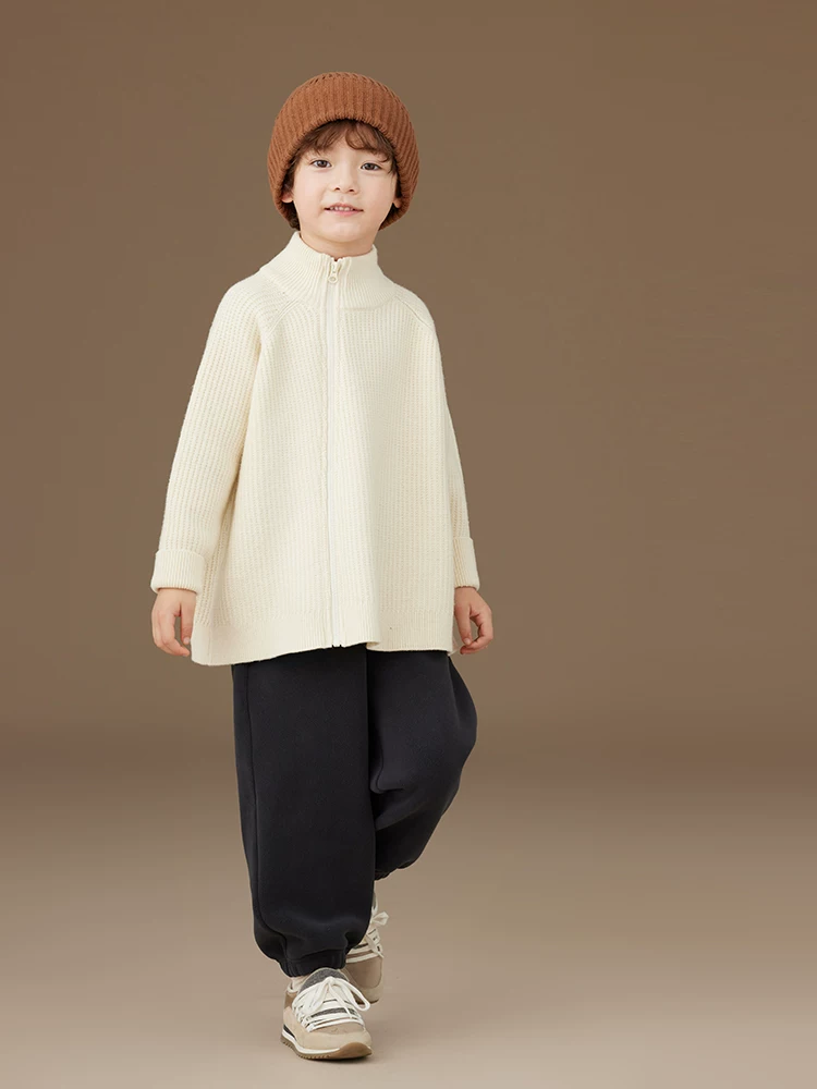 Quần áo trẻ em mùa thu đông áo khoác len trẻ em ấm áp dáng rộng màu be dệt kim cardigan bé trai và bé gái quần áo mùa đông phong cách mới