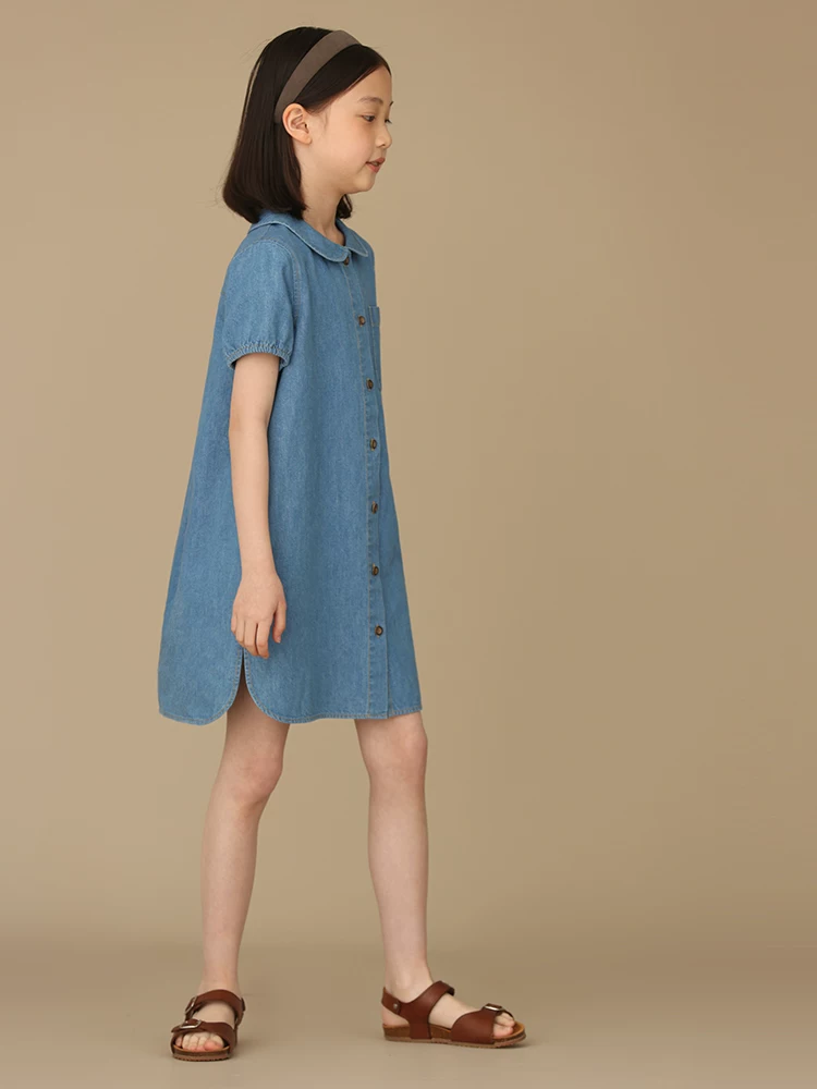 Quần áo trẻ em cho trẻ lớn, váy mùa hè cổ búp bê, váy denim ngắn tay thường ngày cho bé gái, chất liệu cao cấp.
