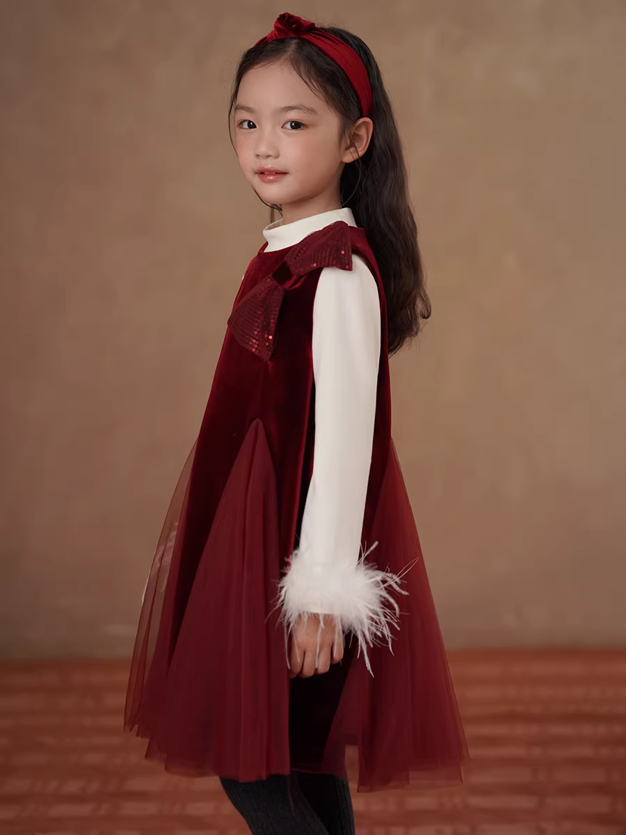 Quần áo trẻ em mùa đông dày dặn nhung đỏ váy dài trung bình váy vest bé gái váy đuôi cá