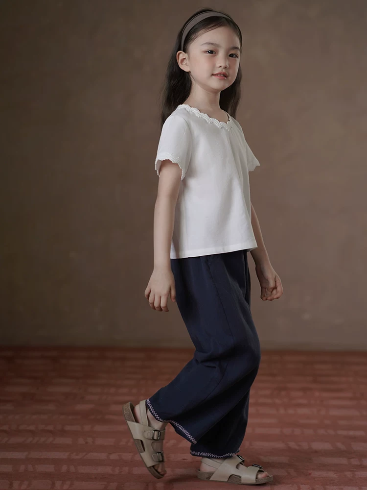 Quần áo trẻ em mùa hè mỏng nhẹ, áo blouse ren trắng dễ thương, áo sơ mi ngắn tay cho bé gái lớn hơn