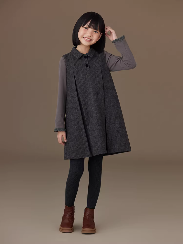 Váy polo thu đông trẻ em, váy không tay phong cách retro nghệ thuật, váy len cho bé gái lớn