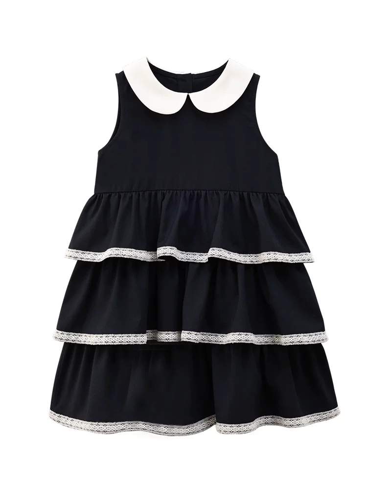 Quần áo trẻ em váy vest mùa hè có cổ búp bê, váy không tay cho bé gái, váy bánh ngọt có thiết kế, váy trang trọng.