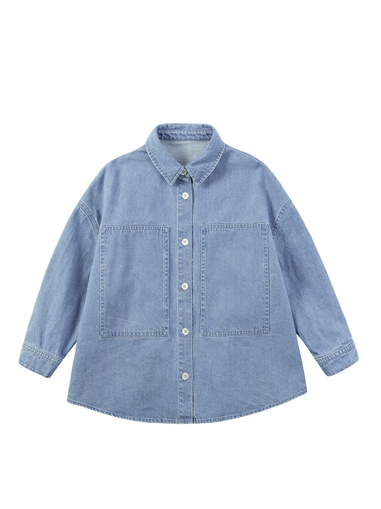 Áo denim trẻ em có túi lớn, áo sơ mi dài tay đa năng bằng vải cotton dành cho bé trai và bé gái, kiểu dáng xuân thu.