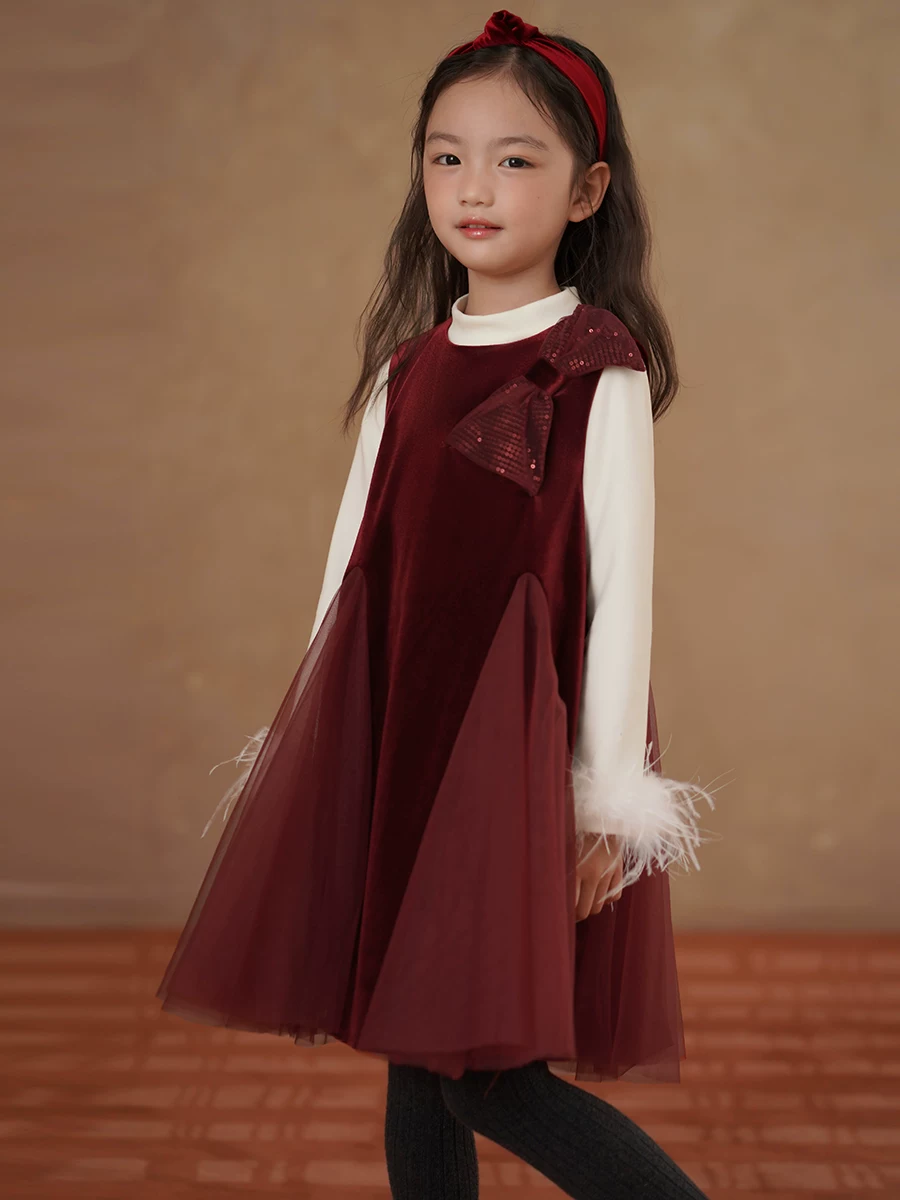 Quần áo trẻ em mùa đông dày dặn nhung đỏ váy dài trung bình váy vest bé gái váy đuôi cá
