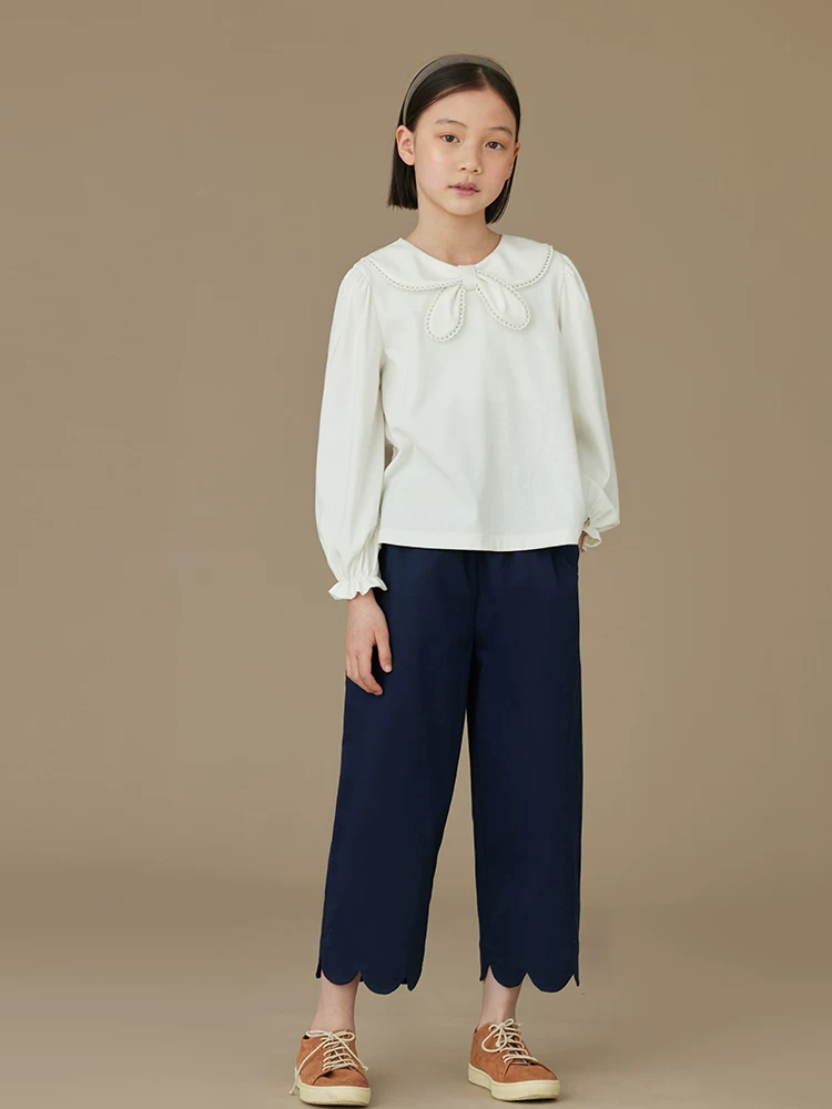 Quần dài cotton mùa xuân thu 2025 Hazi dành cho bé gái, kiểu dáng vintage ren, chất liệu mỏng, dành cho trẻ lớn hơn, quần 9 phần