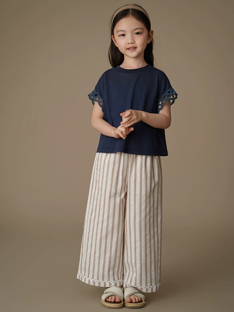 Quần sọc mỏng mùa hè cho bé gái, quần ống rộng dáng suông, quần chống muỗi cho trẻ em, cotton thân thiện với da.