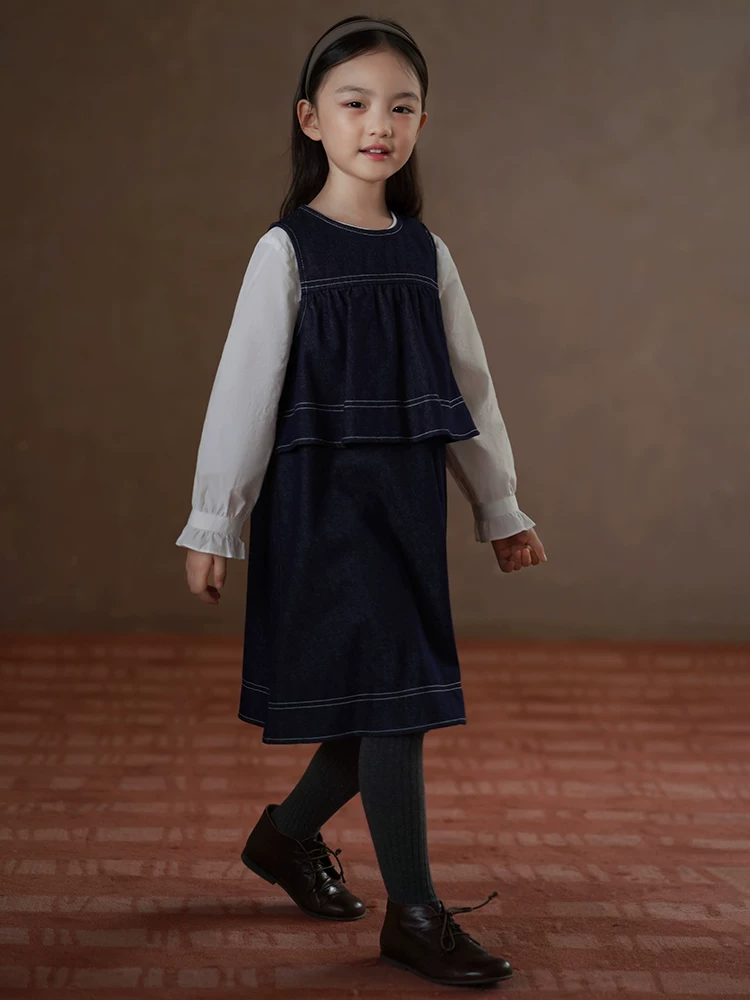 Quần áo trẻ em mùa xuân thu váy trẻ em dài vừa phải váy hai dây phong cách Nhật Bản váy denim giả hai mảnh cho bé gái thường ngày đa năng